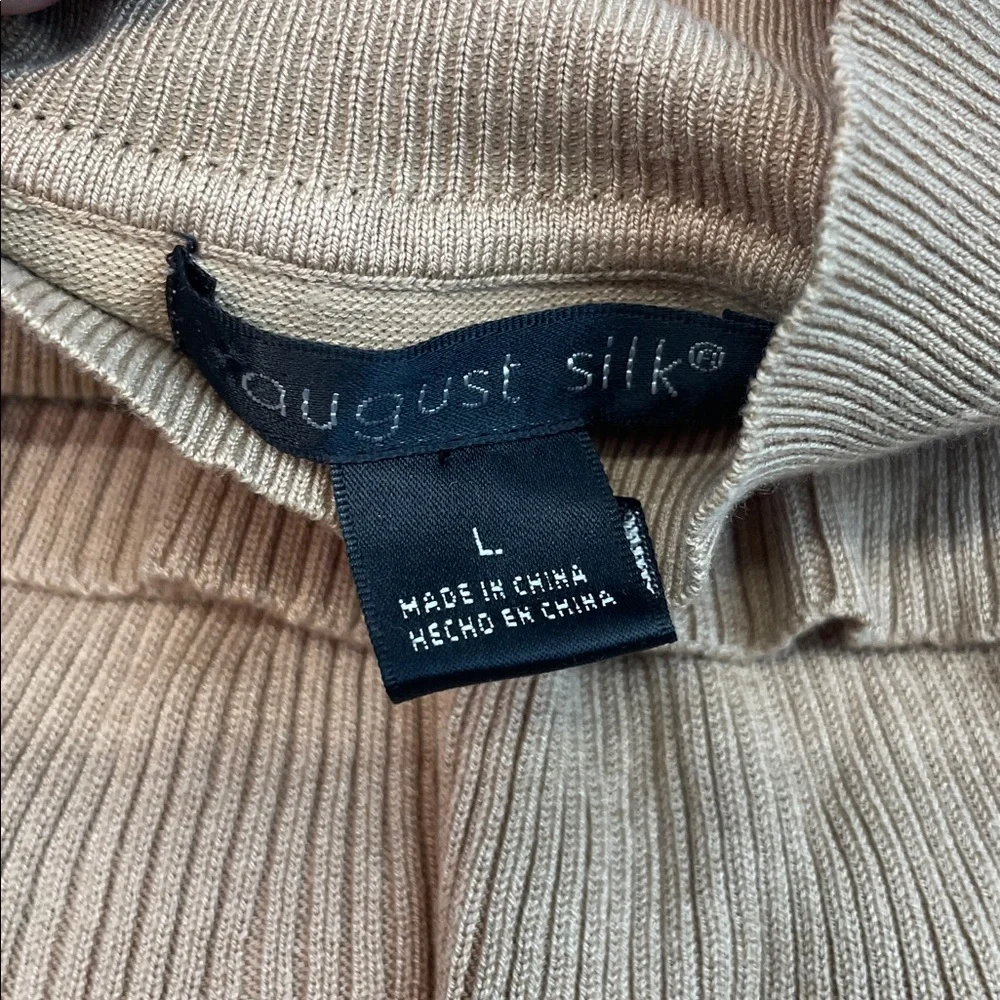 August Silk Ruffle Mock Neck Short Sleeve Knit Top Tan Women’s Sz L - Picture 2 of 7